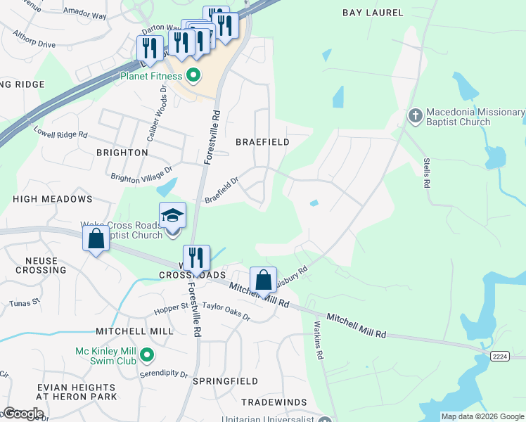 map of restaurants, bars, coffee shops, grocery stores, and more near 7950 Willowglen Drive in Raleigh