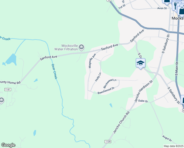 map of restaurants, bars, coffee shops, grocery stores, and more near 250 Magnolia Avenue in Mocksville