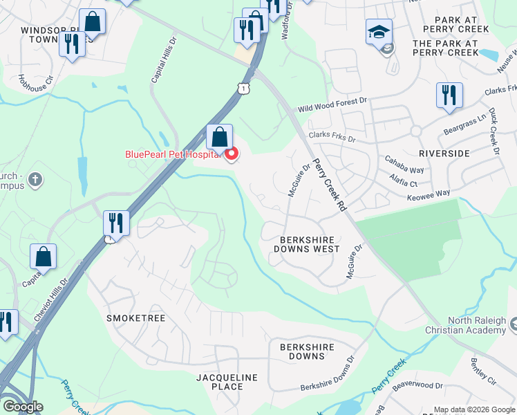 map of restaurants, bars, coffee shops, grocery stores, and more near 8231 Wynewood Court in Raleigh