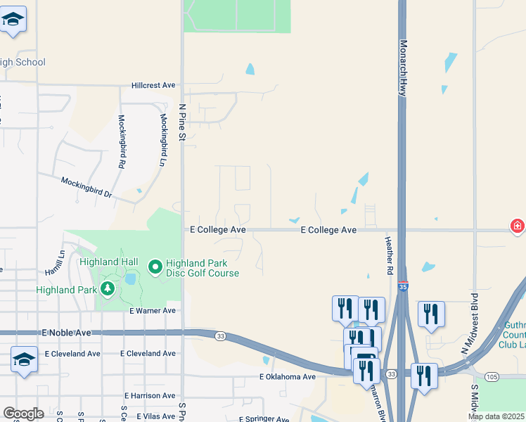 map of restaurants, bars, coffee shops, grocery stores, and more near 11 NE Ridge Dr in Guthrie