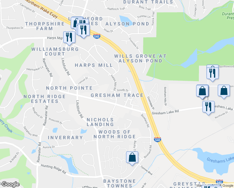 map of restaurants, bars, coffee shops, grocery stores, and more near 8809 Harps Mill Road in Raleigh
