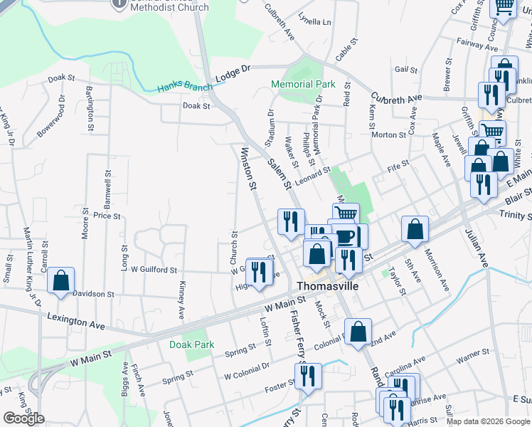 map of restaurants, bars, coffee shops, grocery stores, and more near 15 Forsyth Street in Thomasville