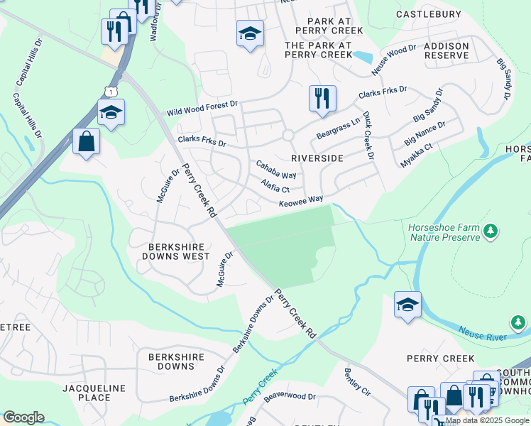 map of restaurants, bars, coffee shops, grocery stores, and more near 5346 Patuxent Drive in Raleigh