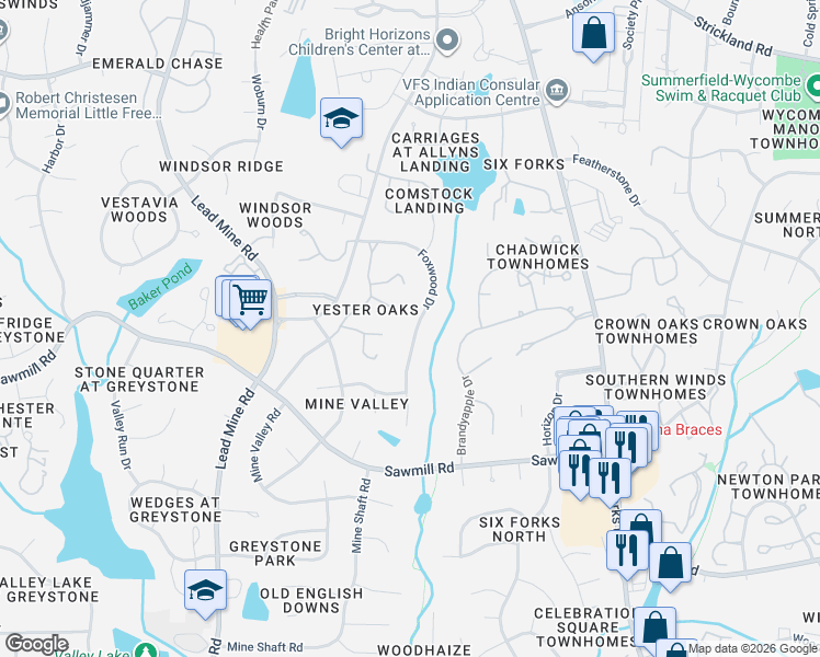 map of restaurants, bars, coffee shops, grocery stores, and more near 7829 Foxwood Drive in Raleigh