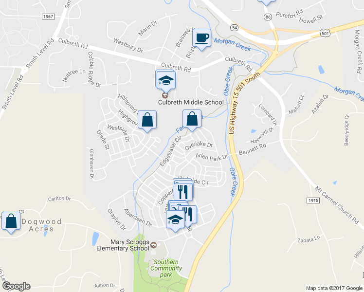 map of restaurants, bars, coffee shops, grocery stores, and more near 102 Newell Street in Chapel Hill