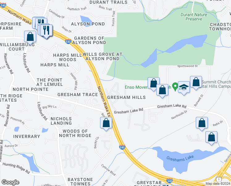 map of restaurants, bars, coffee shops, grocery stores, and more near 2816 Gresham Grove Lane in Raleigh