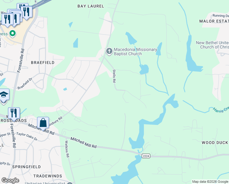 map of restaurants, bars, coffee shops, grocery stores, and more near 4224 Stells Road in Wake Forest