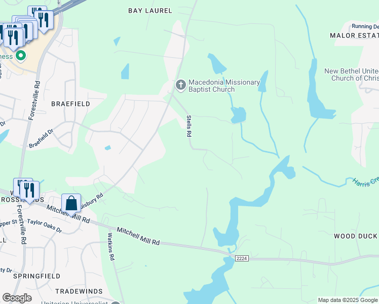 map of restaurants, bars, coffee shops, grocery stores, and more near 4224 Stells Road in Wake Forest
