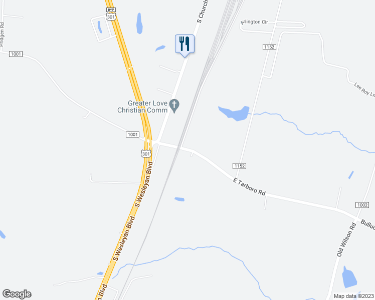 map of restaurants, bars, coffee shops, grocery stores, and more near 73 East Tarboro Road in Rocky Mount