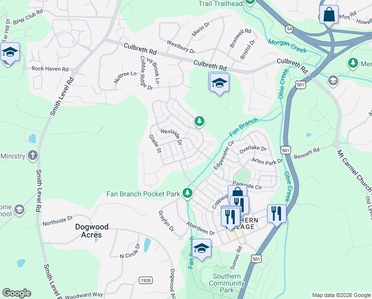 map of restaurants, bars, coffee shops, grocery stores, and more near 802 Highgrove Drive in Chapel Hill