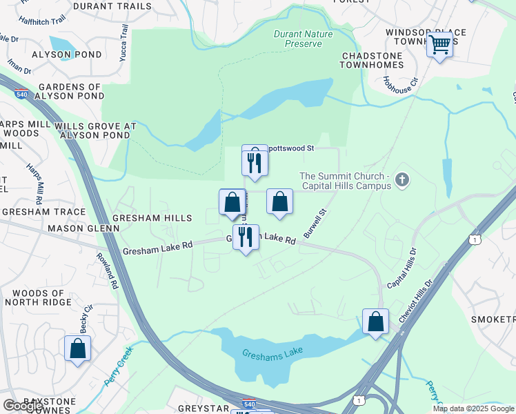 map of restaurants, bars, coffee shops, grocery stores, and more near 3200 Wellington Court in Raleigh