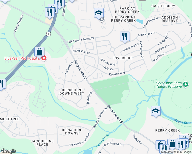 map of restaurants, bars, coffee shops, grocery stores, and more near 5260 Patuxent Drive in Raleigh
