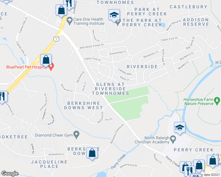 map of restaurants, bars, coffee shops, grocery stores, and more near 5260 Patuxent Drive in Raleigh