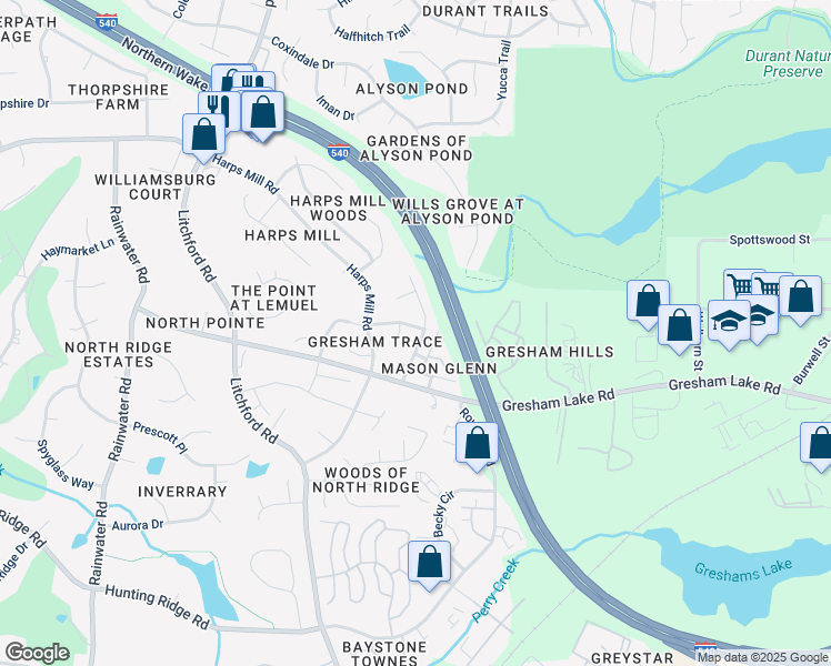 map of restaurants, bars, coffee shops, grocery stores, and more near 8008 Criswell Crescent in Raleigh
