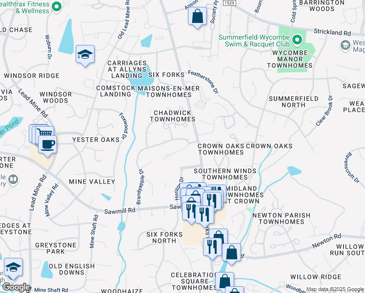 map of restaurants, bars, coffee shops, grocery stores, and more near 123 Yorkchester Way in Raleigh