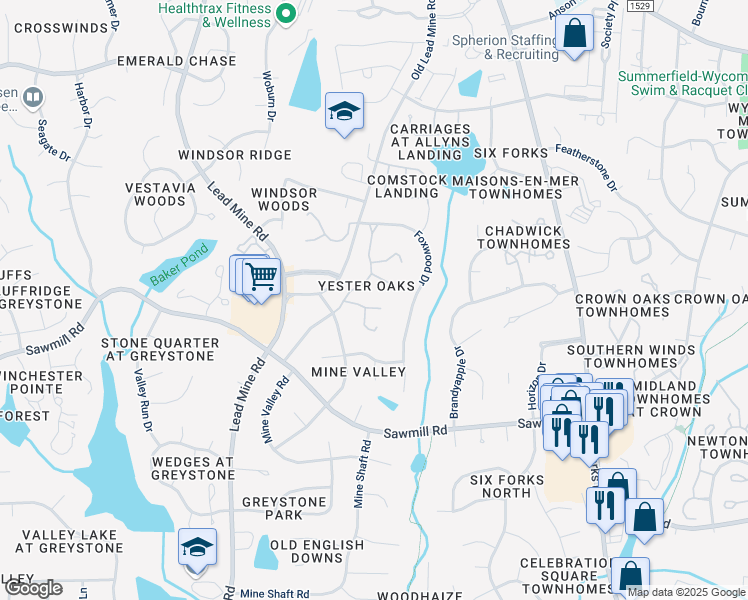 map of restaurants, bars, coffee shops, grocery stores, and more near 7905 Yester Court in Raleigh