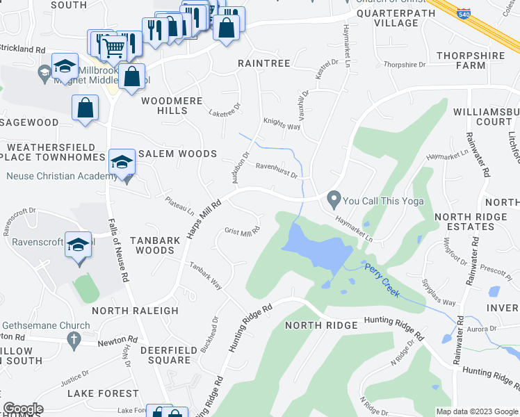 map of restaurants, bars, coffee shops, grocery stores, and more near 1401 Rock Dam Court in Raleigh