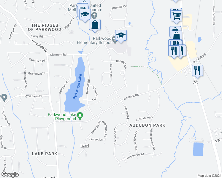 map of restaurants, bars, coffee shops, grocery stores, and more near 5324 Revere Road in Durham