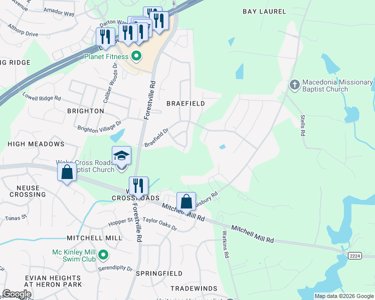 map of restaurants, bars, coffee shops, grocery stores, and more near 7950 Willowglen Drive in Raleigh