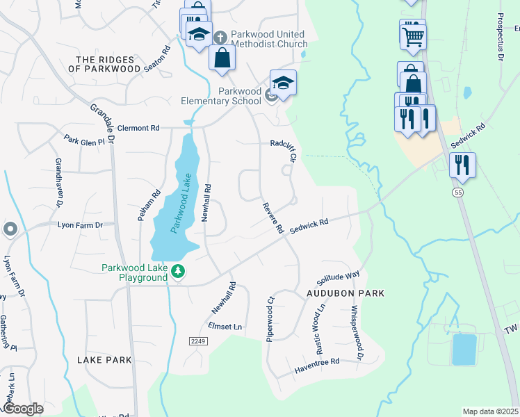 map of restaurants, bars, coffee shops, grocery stores, and more near 5324 Revere Road in Durham
