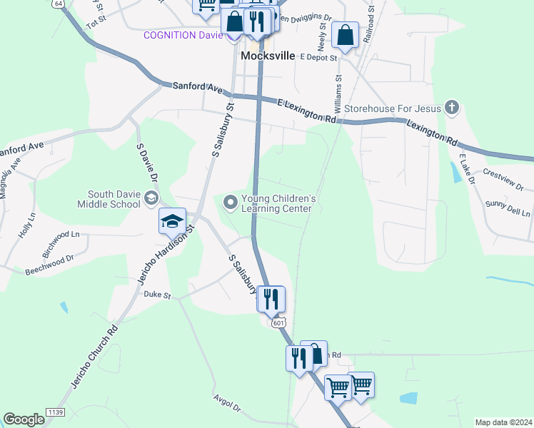 map of restaurants, bars, coffee shops, grocery stores, and more near 137 Harding Street in Mocksville