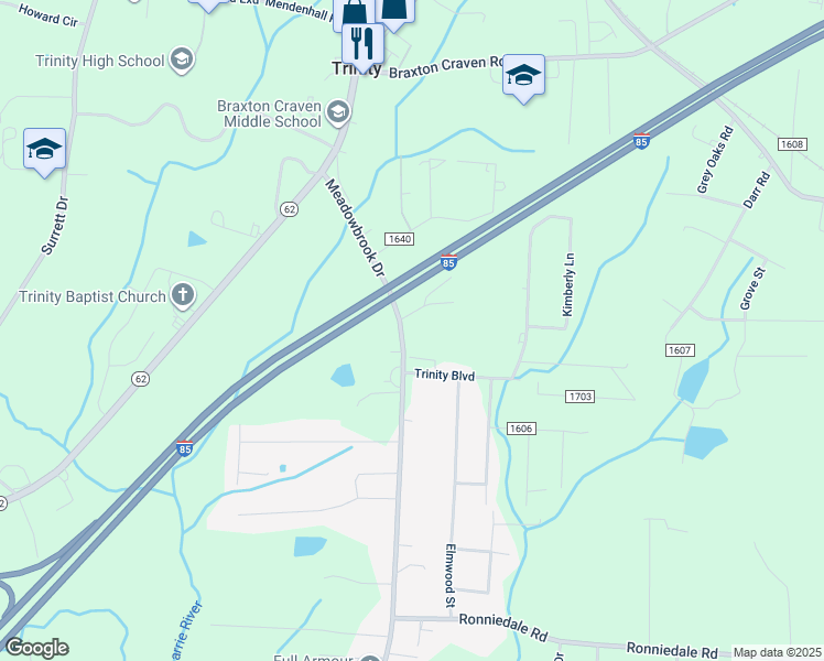 map of restaurants, bars, coffee shops, grocery stores, and more near 5746 Meadowbrook Drive in Trinity