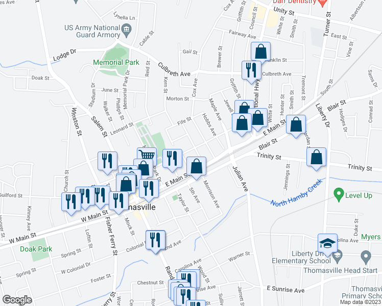 map of restaurants, bars, coffee shops, grocery stores, and more near 307 East Guilford Street in Thomasville