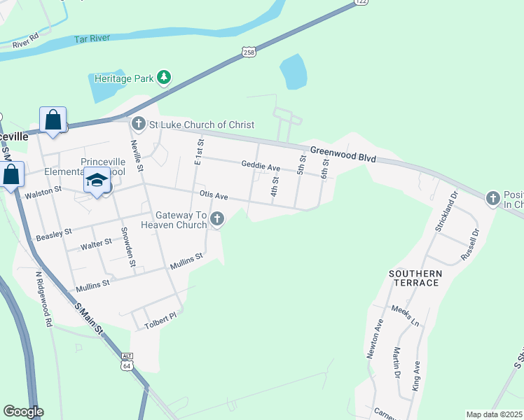 map of restaurants, bars, coffee shops, grocery stores, and more near 404 Otis Avenue in Princeville