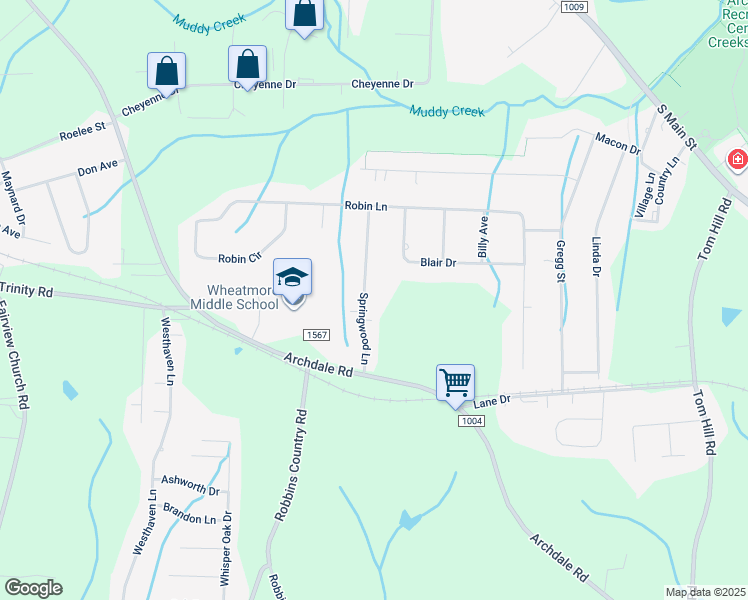map of restaurants, bars, coffee shops, grocery stores, and more near 1023 Springwood Lane in Archdale