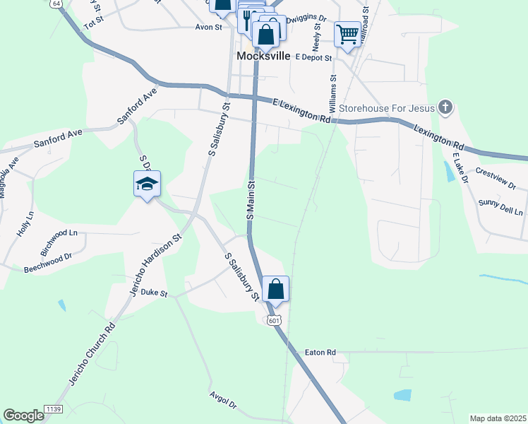 map of restaurants, bars, coffee shops, grocery stores, and more near 137 Harding Street in Mocksville