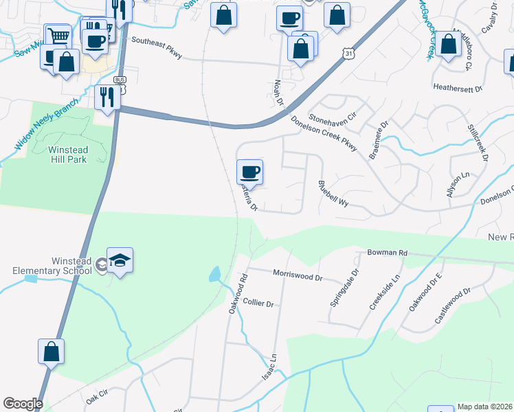 map of restaurants, bars, coffee shops, grocery stores, and more near 271 Wisteria Drive in Franklin