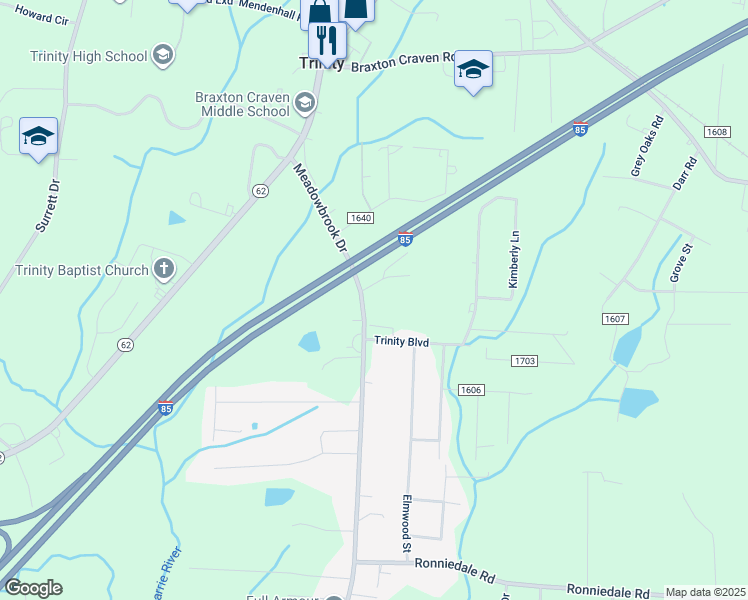 map of restaurants, bars, coffee shops, grocery stores, and more near 5746 Meadowbrook Drive in Trinity