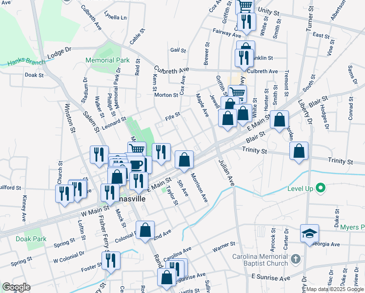 map of restaurants, bars, coffee shops, grocery stores, and more near 11 Cates Avenue in Thomasville