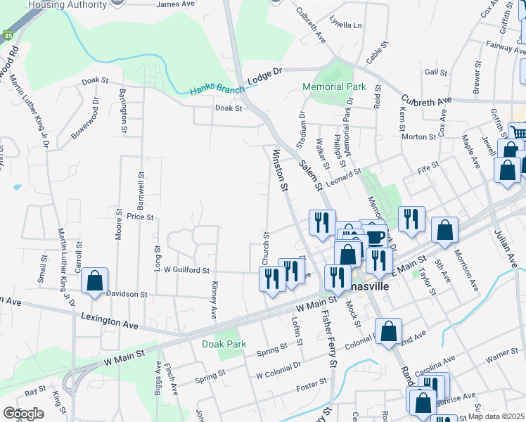 map of restaurants, bars, coffee shops, grocery stores, and more near 214 Church Street in Thomasville