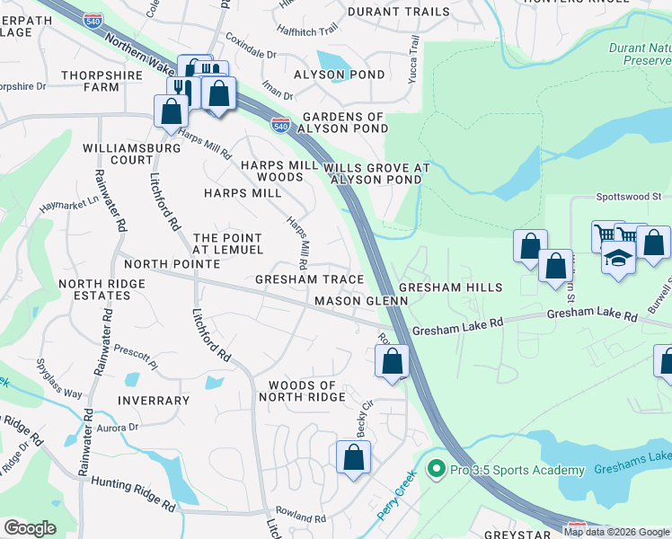 map of restaurants, bars, coffee shops, grocery stores, and more near 8008 Criswell Crescent in Raleigh