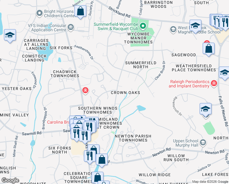map of restaurants, bars, coffee shops, grocery stores, and more near 7917 Mourning Dove Road in Raleigh