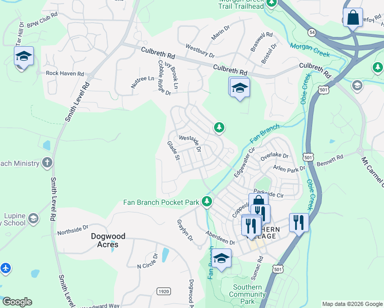 map of restaurants, bars, coffee shops, grocery stores, and more near 102 Nolen Lane in Chapel Hill