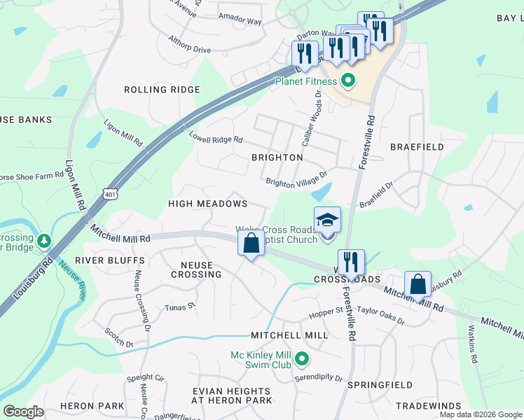 map of restaurants, bars, coffee shops, grocery stores, and more near 3828 Longdale Drive in Raleigh