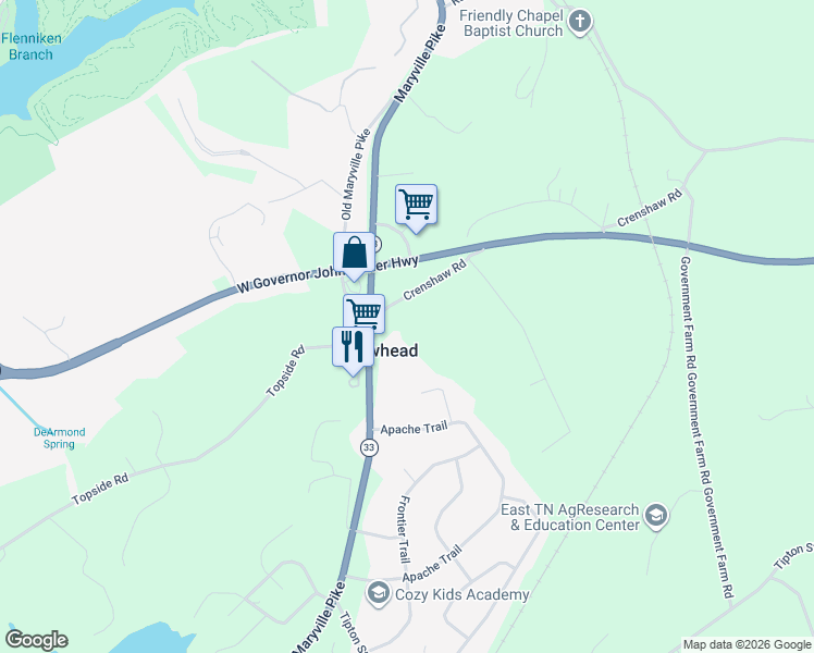 map of restaurants, bars, coffee shops, grocery stores, and more near 3116 Crenshaw Road in Knoxville