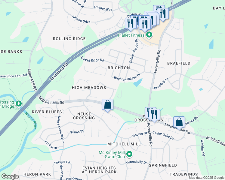 map of restaurants, bars, coffee shops, grocery stores, and more near 3636 Meadow Creek Lane in Raleigh
