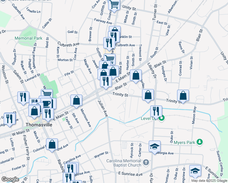 map of restaurants, bars, coffee shops, grocery stores, and more near 800 Trinity Street in Thomasville