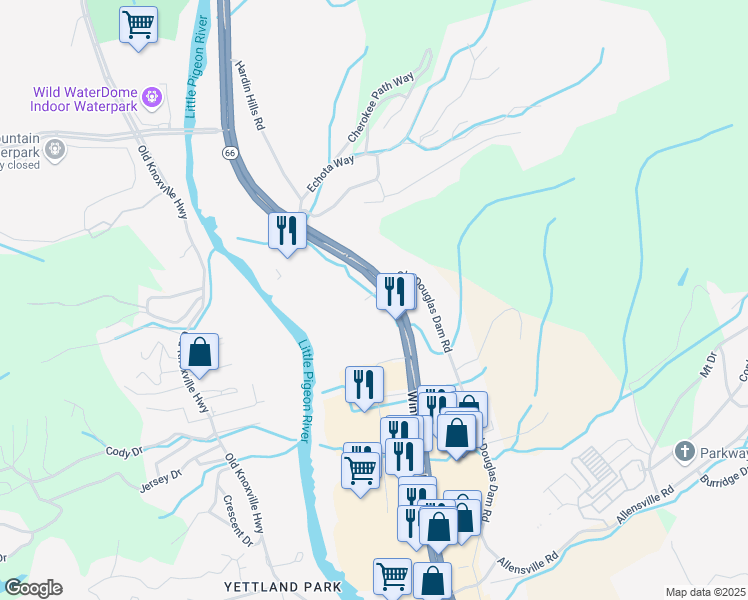 map of restaurants, bars, coffee shops, grocery stores, and more near 830 Winfield Dunn Parkway in Sevierville