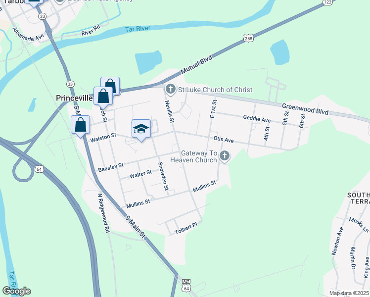 map of restaurants, bars, coffee shops, grocery stores, and more near 301 Neville Street in Princeville