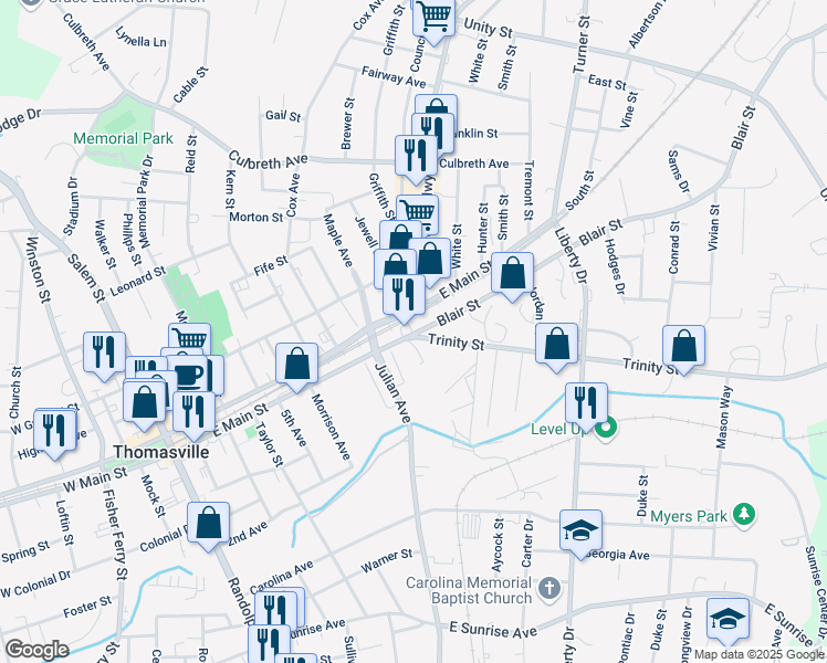 map of restaurants, bars, coffee shops, grocery stores, and more near 800 Trinity Street in Thomasville