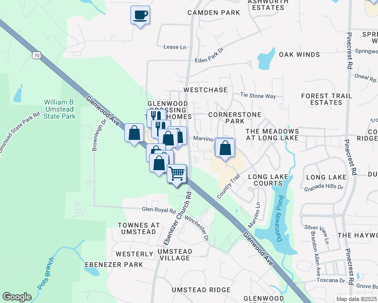 map of restaurants, bars, coffee shops, grocery stores, and more near Carmax Trail in Raleigh