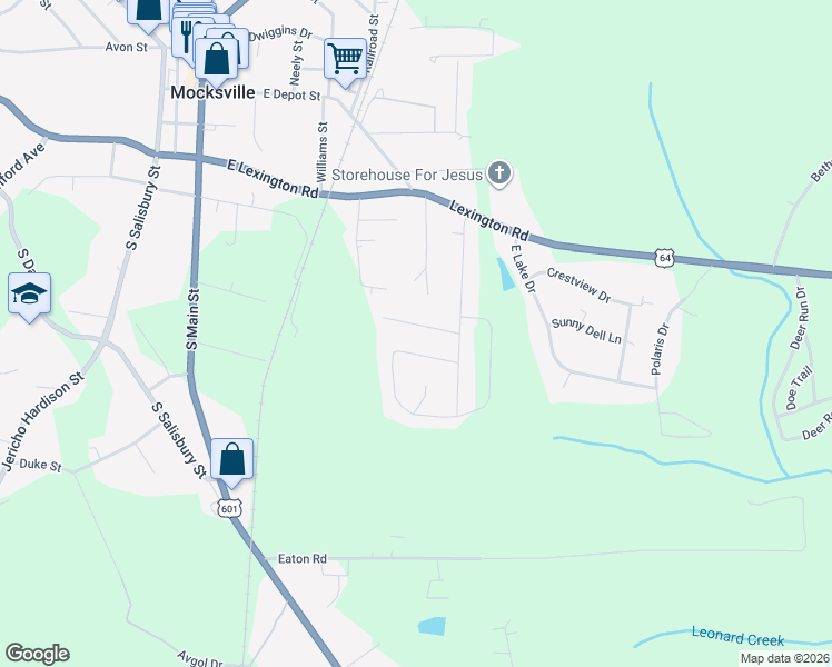 map of restaurants, bars, coffee shops, grocery stores, and more near 133 Cloister Drive in Mocksville