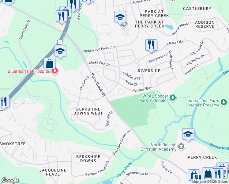 map of restaurants, bars, coffee shops, grocery stores, and more near 5260 Patuxent Drive in Raleigh