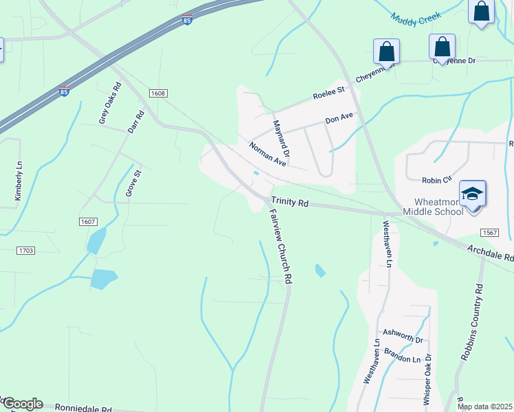 map of restaurants, bars, coffee shops, grocery stores, and more near 6903 Fairview Church Road in Trinity