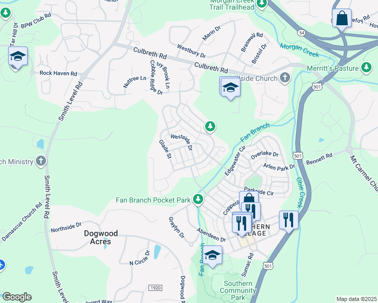 map of restaurants, bars, coffee shops, grocery stores, and more near 115 Westside Drive in Chapel Hill