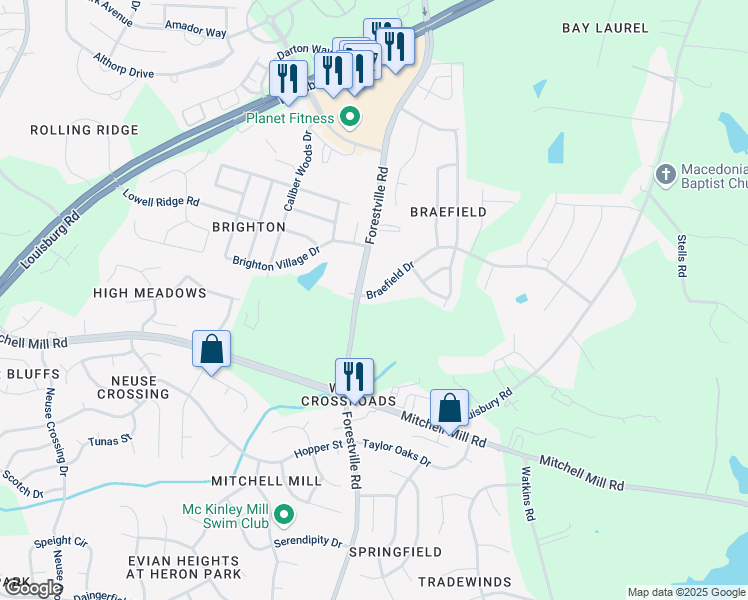 map of restaurants, bars, coffee shops, grocery stores, and more near 7712 Braefield Drive in Raleigh